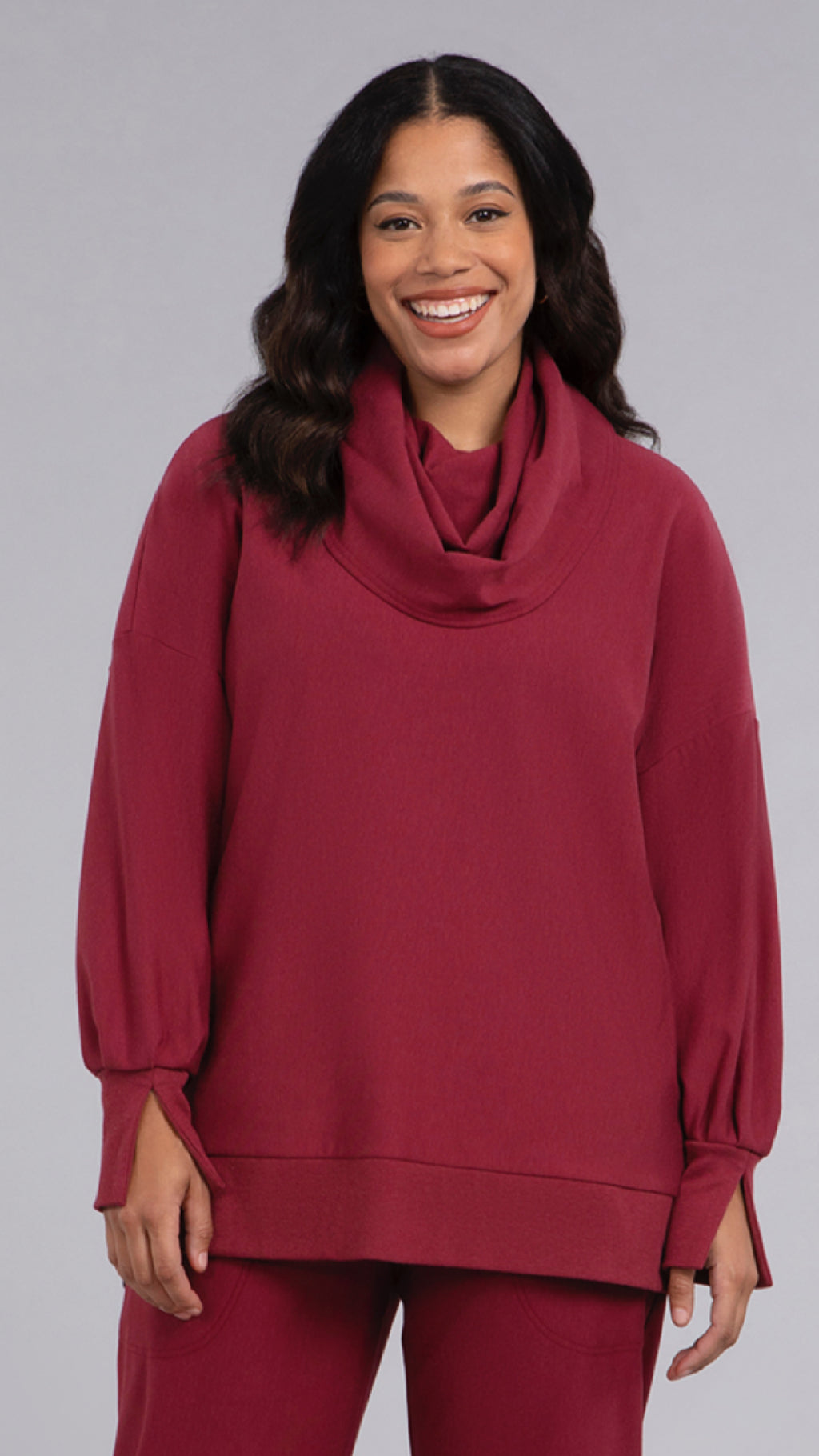 Bamboo Fleece Cowl Neck Pleat Sleeve top, Long Sleeve (Sale)