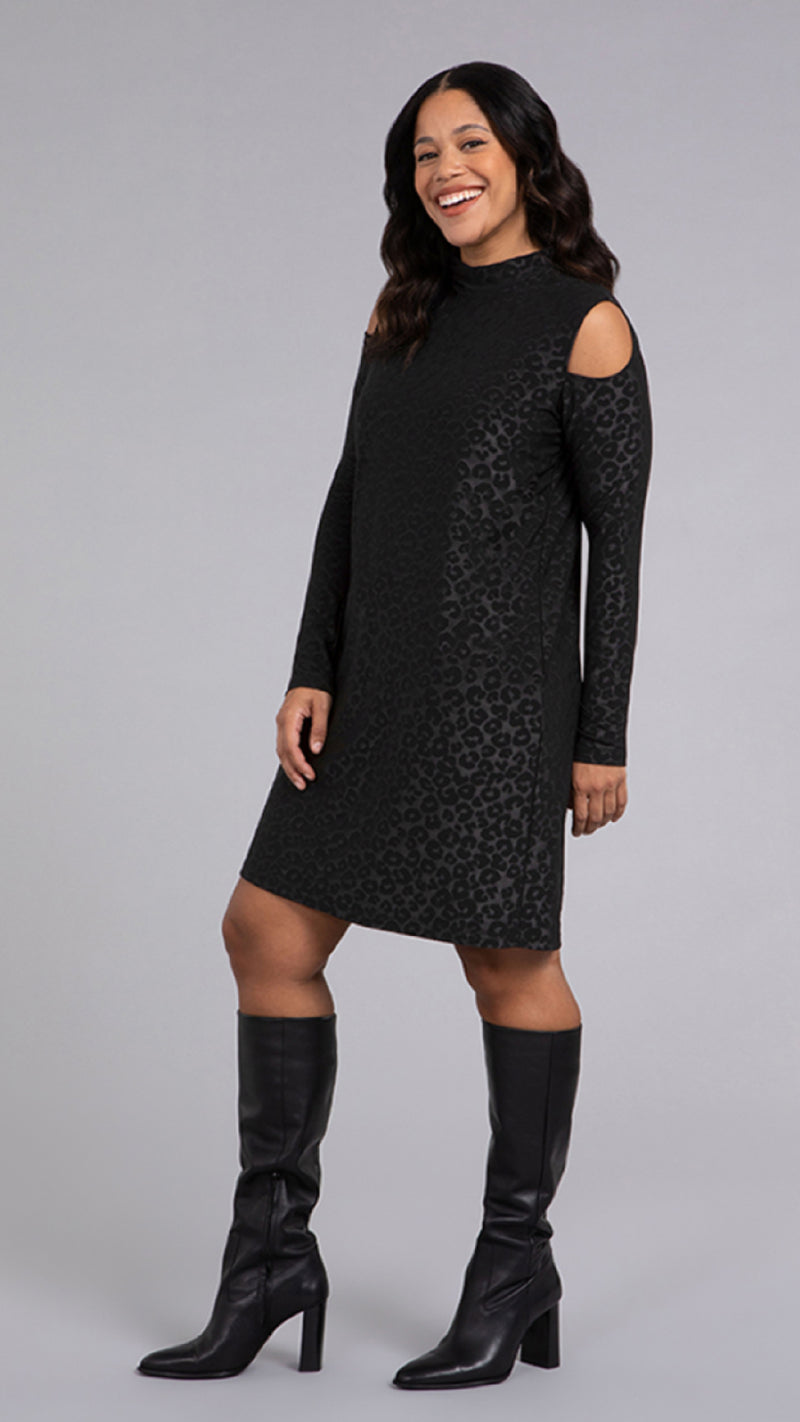 Turtle Neck Cutout Shoulder Dress, Long Sleeves-Animal Embossed (Sale)