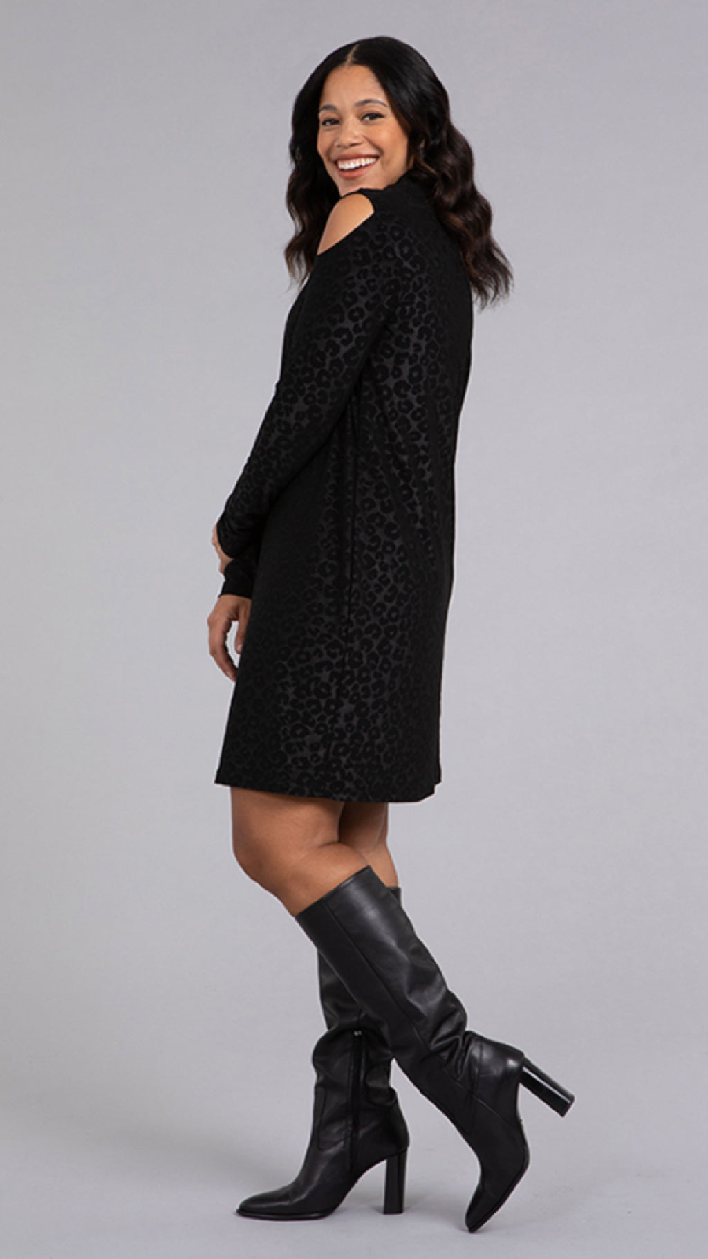 Turtle Neck Cutout Shoulder Dress, Long Sleeves-Animal Embossed (Sale)