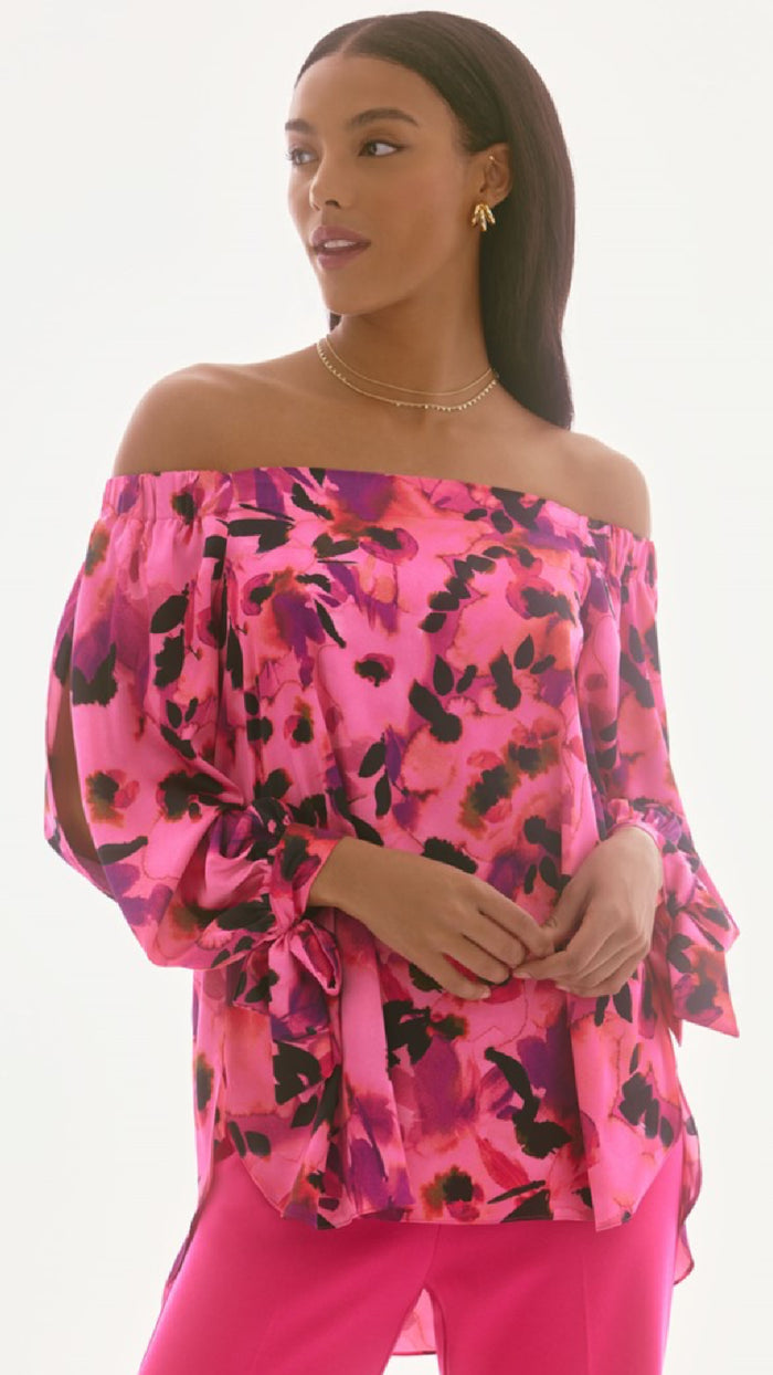 Joseph Ribkoff Signature Satin Floral Print Off-Shoulder Top