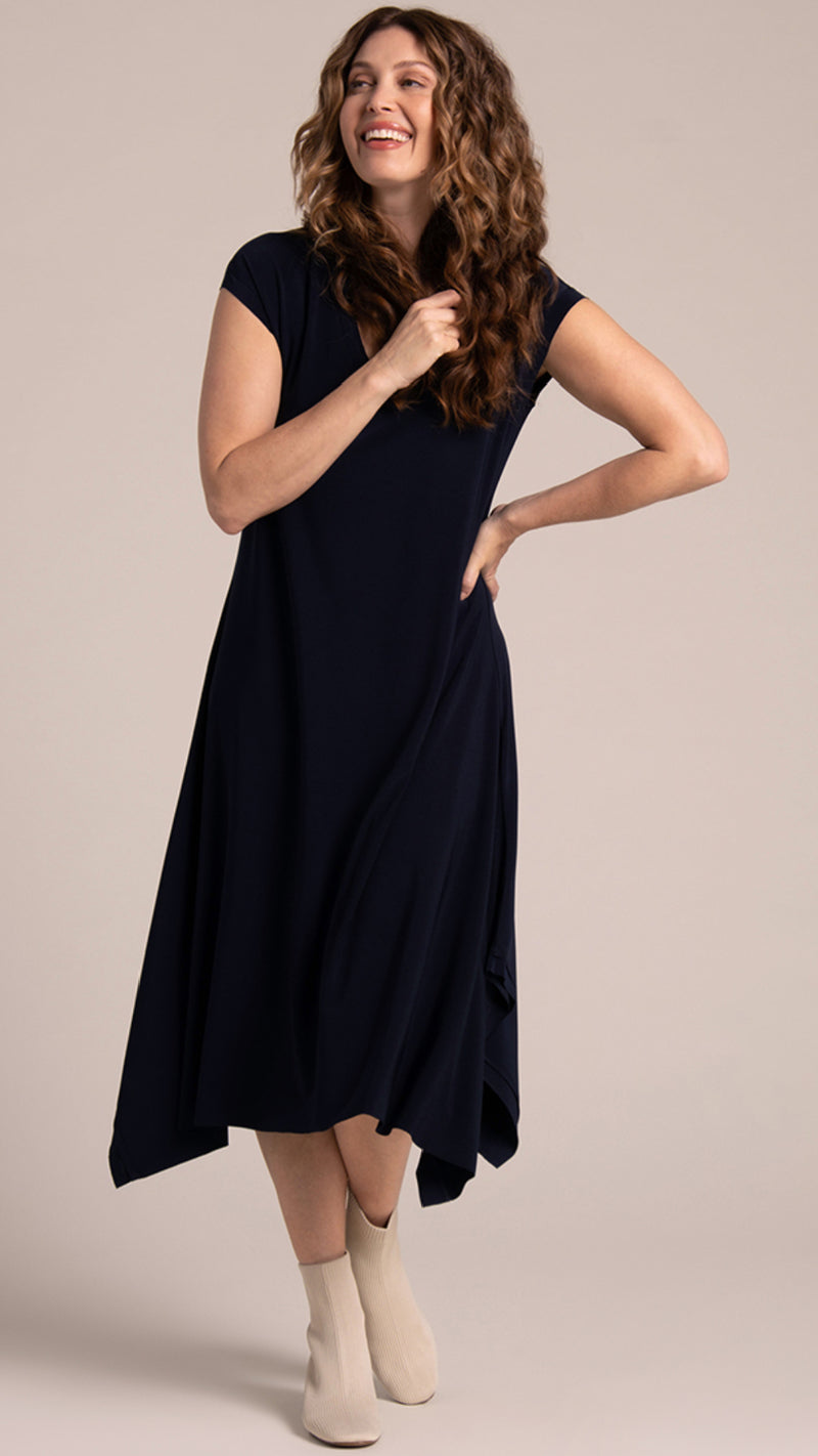 Splice V-Neck Dress, Cap Sleeve