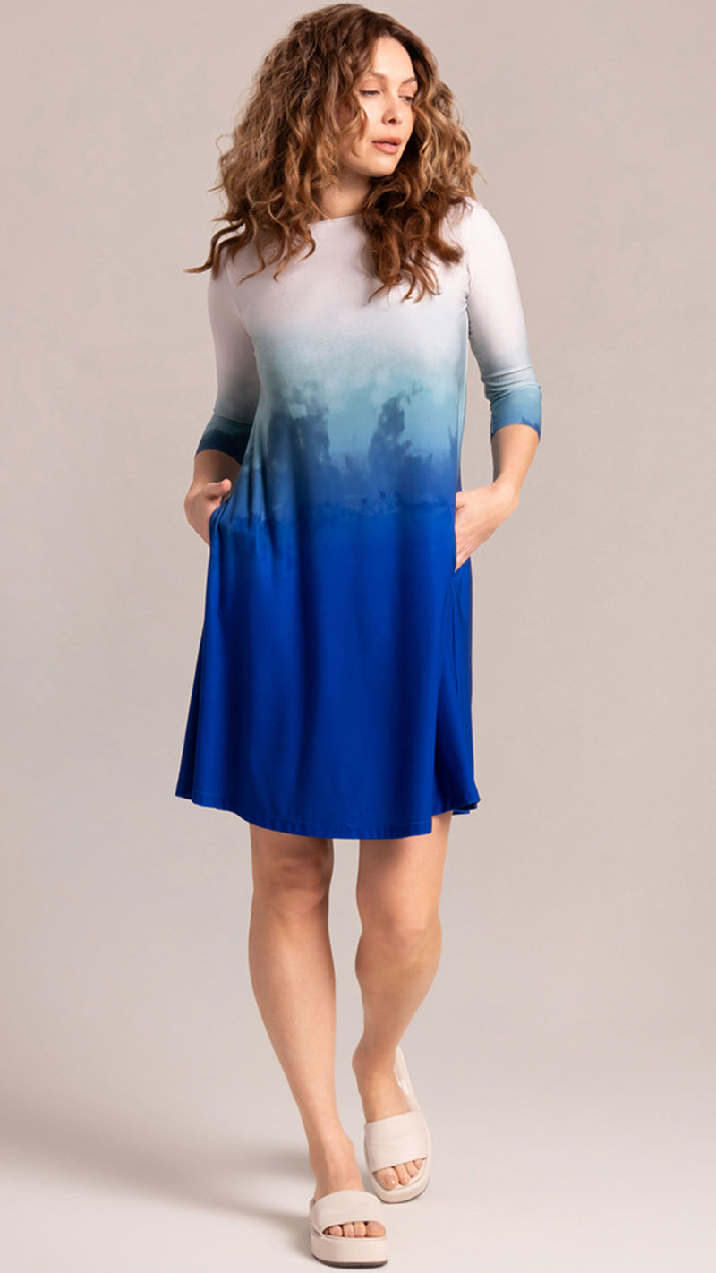 Nu Trapeze Dress, 3/4 Sleeve-Placement Print-Sand & Surf