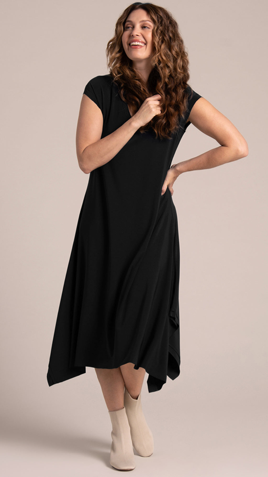 Splice V-Neck Dress, Cap Sleeve