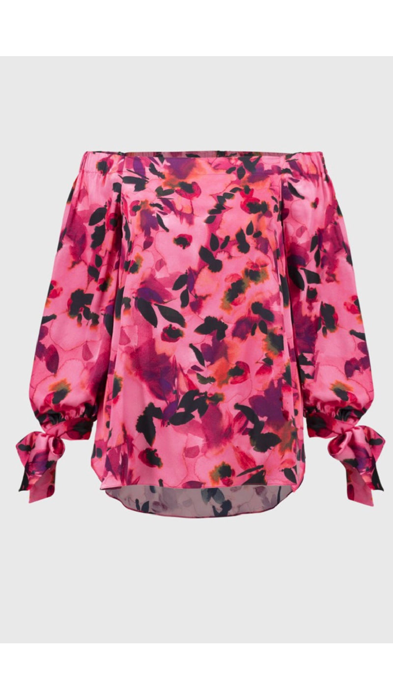 Joseph Ribkoff Signature Satin Floral Print Off-Shoulder Top