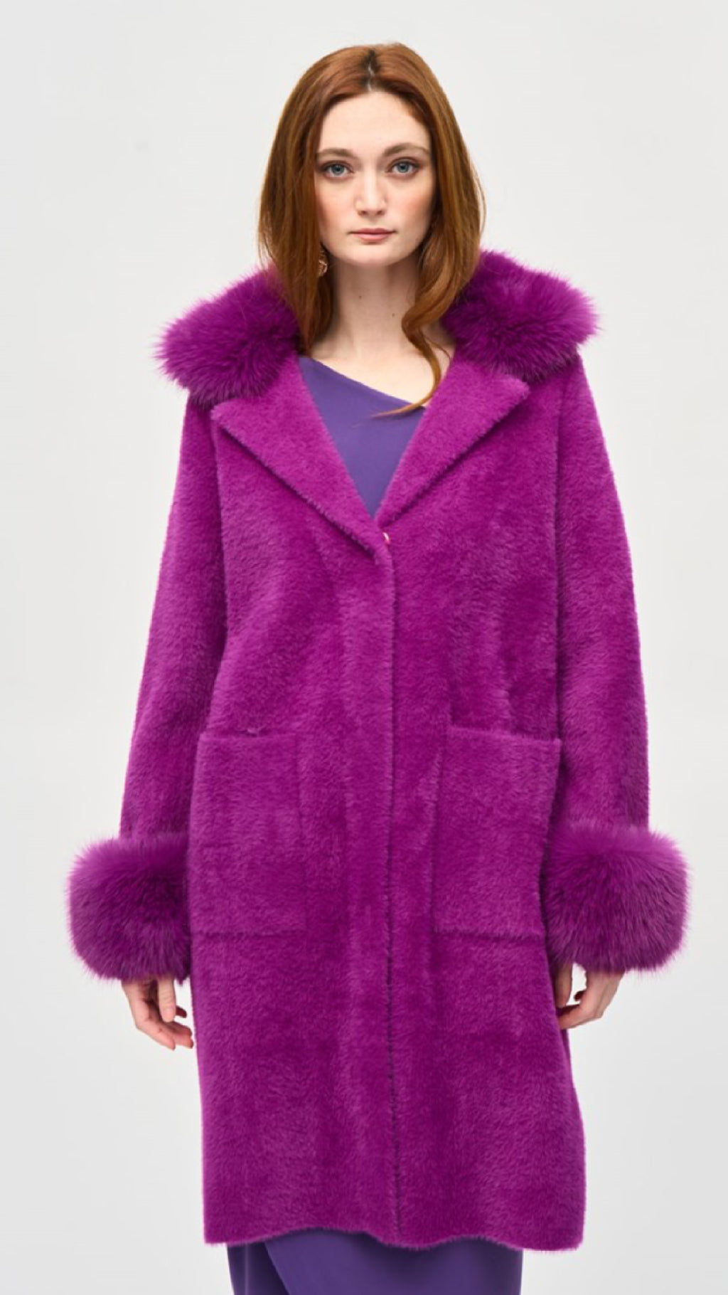 Joseph Ribkoff Feather Yarn and Faux Fur Sweater Coat (selected color on sale)